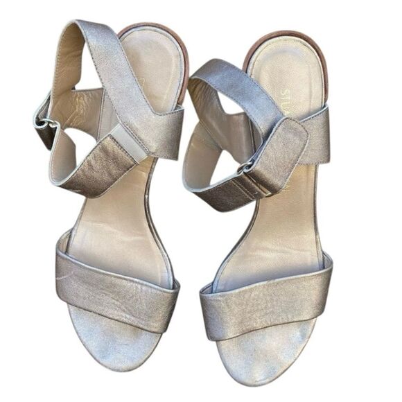 Stuart Weitzman Metallic Gold Broadband Leather Open Toe Sandals Sz 8.5 EUC! main image 3